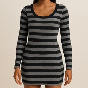 Express Striped Sweater Dress XS Black Gray Long Sleeve Y2K Bodycon‎ Mini